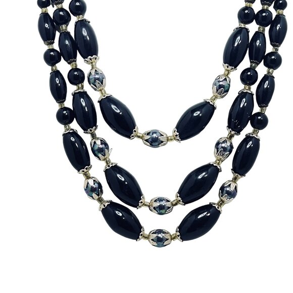 Triple Strand Black And Iridescent Beaded Necklace (801) - Picture 3 of 7